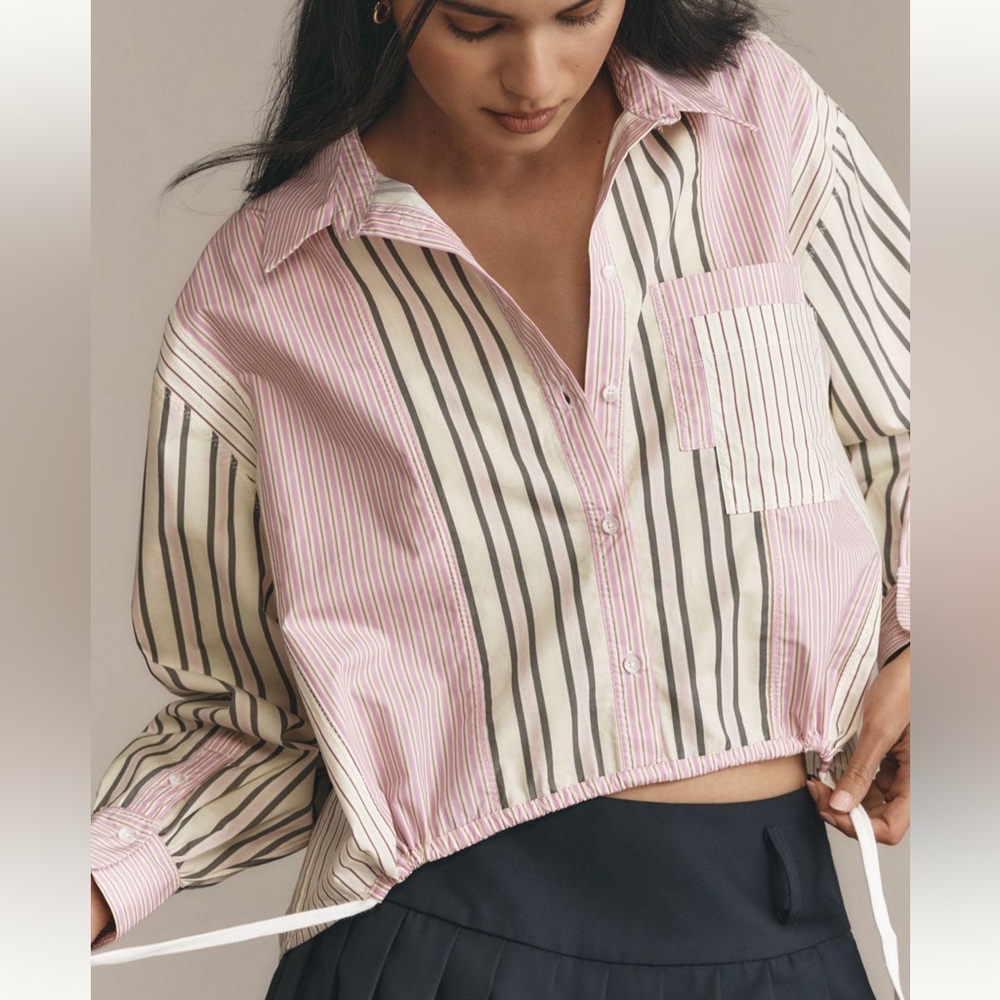 Anthropologie Striped Drawstring Button-Front Blouse. Size M (can fit up to XL) - Picture 3 of 10